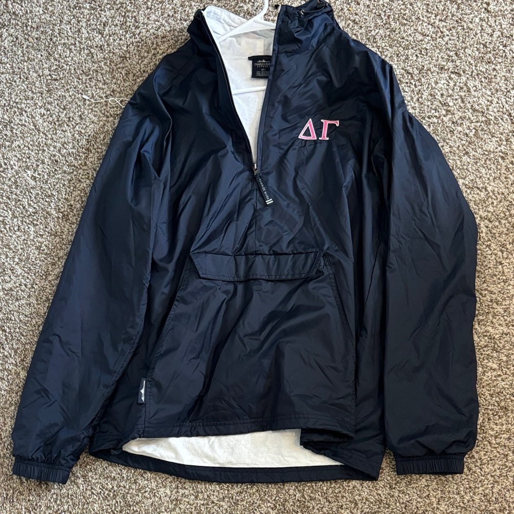 Delta Gamma Navy Windbreaker Anorak Jacket with Pink Embroidery